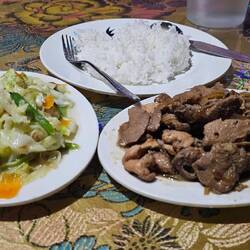 Abendessen in Elnor's Homestay: Hühnchen mit Gemüse und Reis.