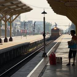 Train arrives at Nakhon Pathom station, for our journey to Namtok