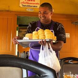 The donut man. Glory be his donuts! A sugary but filling snack (several were consumed)