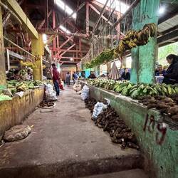 Ruteng Markt Bananenabteilung, oben fette Spinnweben, rechts dahinter Müllhalde