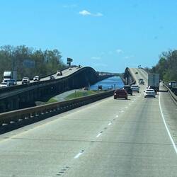 The bridge is not high off the ground, but it spans a long distance over a lot of swamp