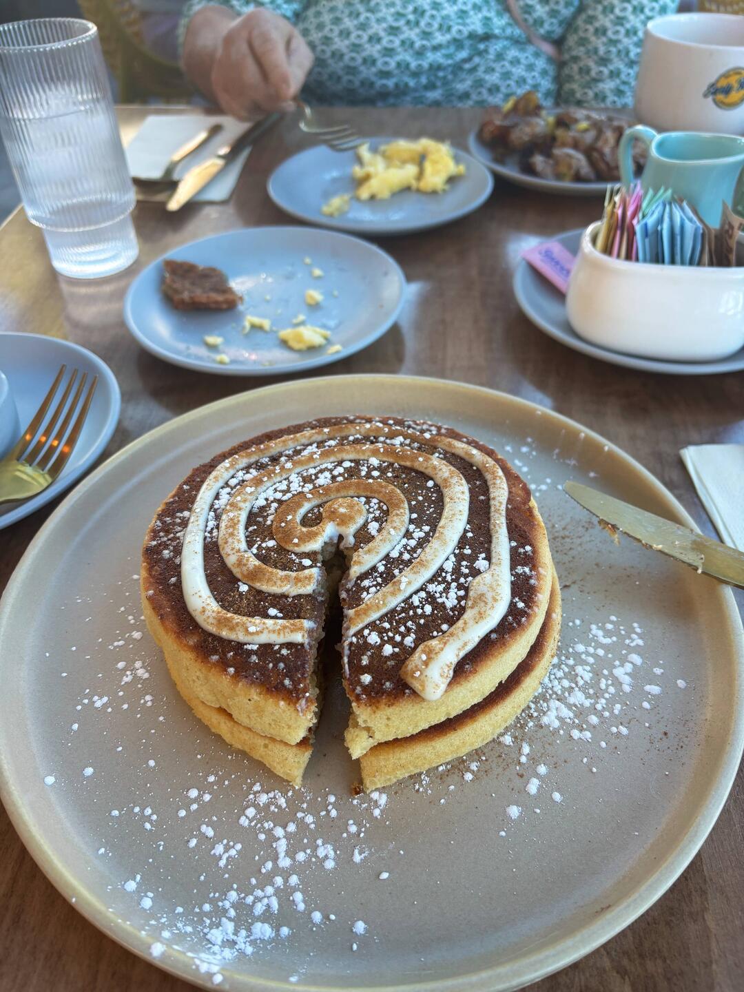 Cinnamon pancakes and scrambled eggs.