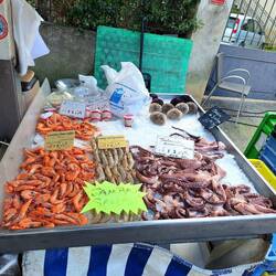 Meeresfrüchte, hinten rechts Seeigel, hier eine Spezialität