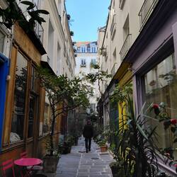 View down Le Passage L'ancre, Paris's oldest passage, home to artists and creators