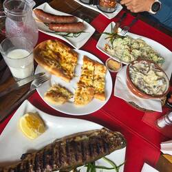 Lunch of trout, tripe veal and mushroom stew, broccoli in blue cheese sauce, flat bread & sausage