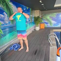 Pool deck view and Troy cooling off before the real work starts 😬