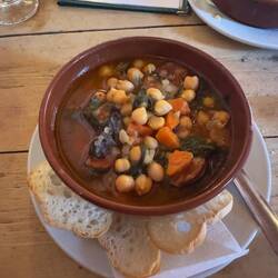 One of my lunch tapas plates: Chickpea and chorizo stew.