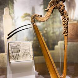 One of the four sixteenth-century chromatic harps in the world; Harmonicorum volume (1636).