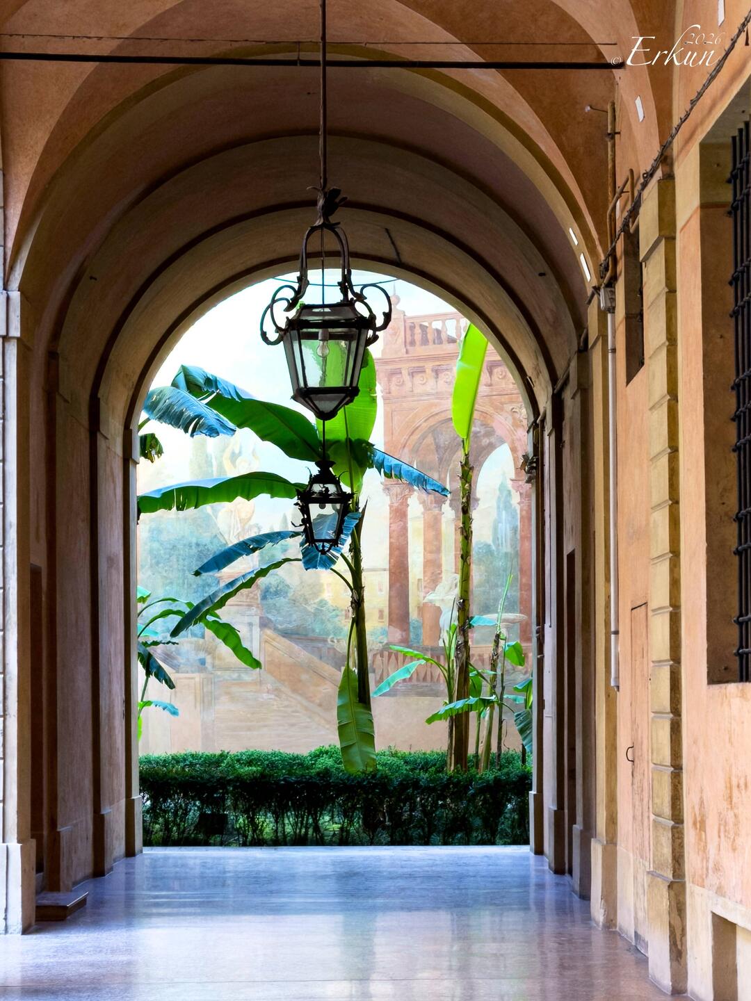 Courtyard with trompe-l'oeil fresco by Luigi Busatti ... MIBdM — Bologna, Italy.
