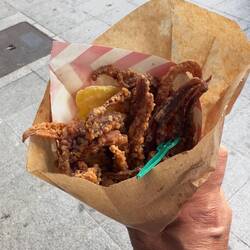 My first snack at Mercat de la Boqueria: fried squid.