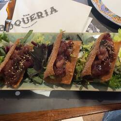 My dinner at Mercat de la Boqueria: fish tacos with avocado.