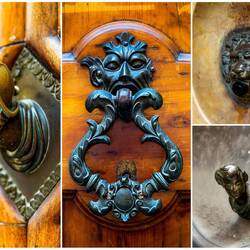 Detail from doors in the historic center (the two on the right are bell pulls — Reggio Emilia, Italy