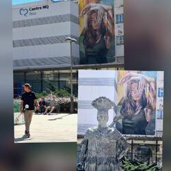 Gesundheitszentrum, Mural von Lily BrickGegant, Bronzestatue "Gegant Indi“