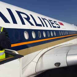 9V-SMJ at the remote bay at BCN waiting to operate as SQ377 to MXP and onwards to SIN.