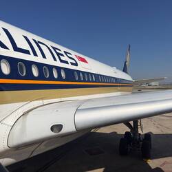 9V-SMJ at the remote bay at BCN waiting to operate as SQ377 to MXP and onwards to SIN.