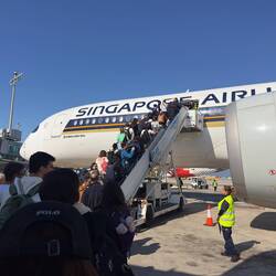 9V-SMJ at the remote bay at BCN waiting to operate as SQ377 to MXP and onwards to SIN.