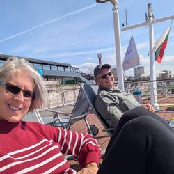 Catching rays on the deck - low 70s.