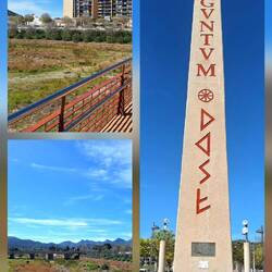 Moderne Wohnanlage, trockenes Flussbett, Obelisk "SAGVNTVM"