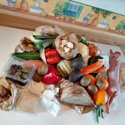 The spoils of marche shopping including lapin (rabbit)