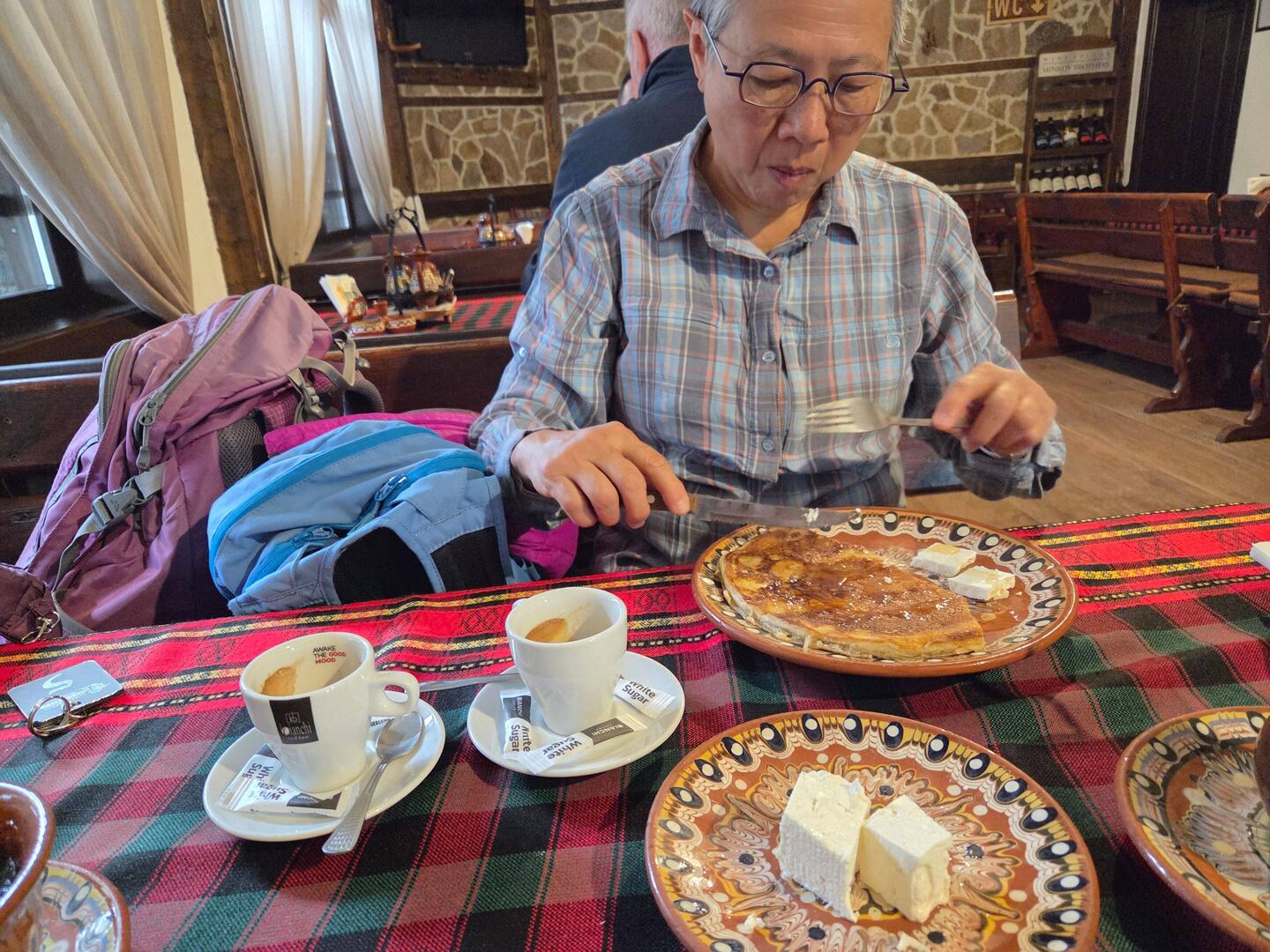 Breakfast pancakes with white cheese and double espresso