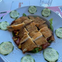 Lunch! Fried chicken salad, followed by a chocolate croissant:)