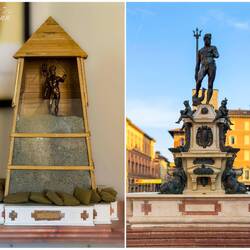 Model of the air-raid protection for Fontana del Nettuno (L); the fountain as it is today (my photo)