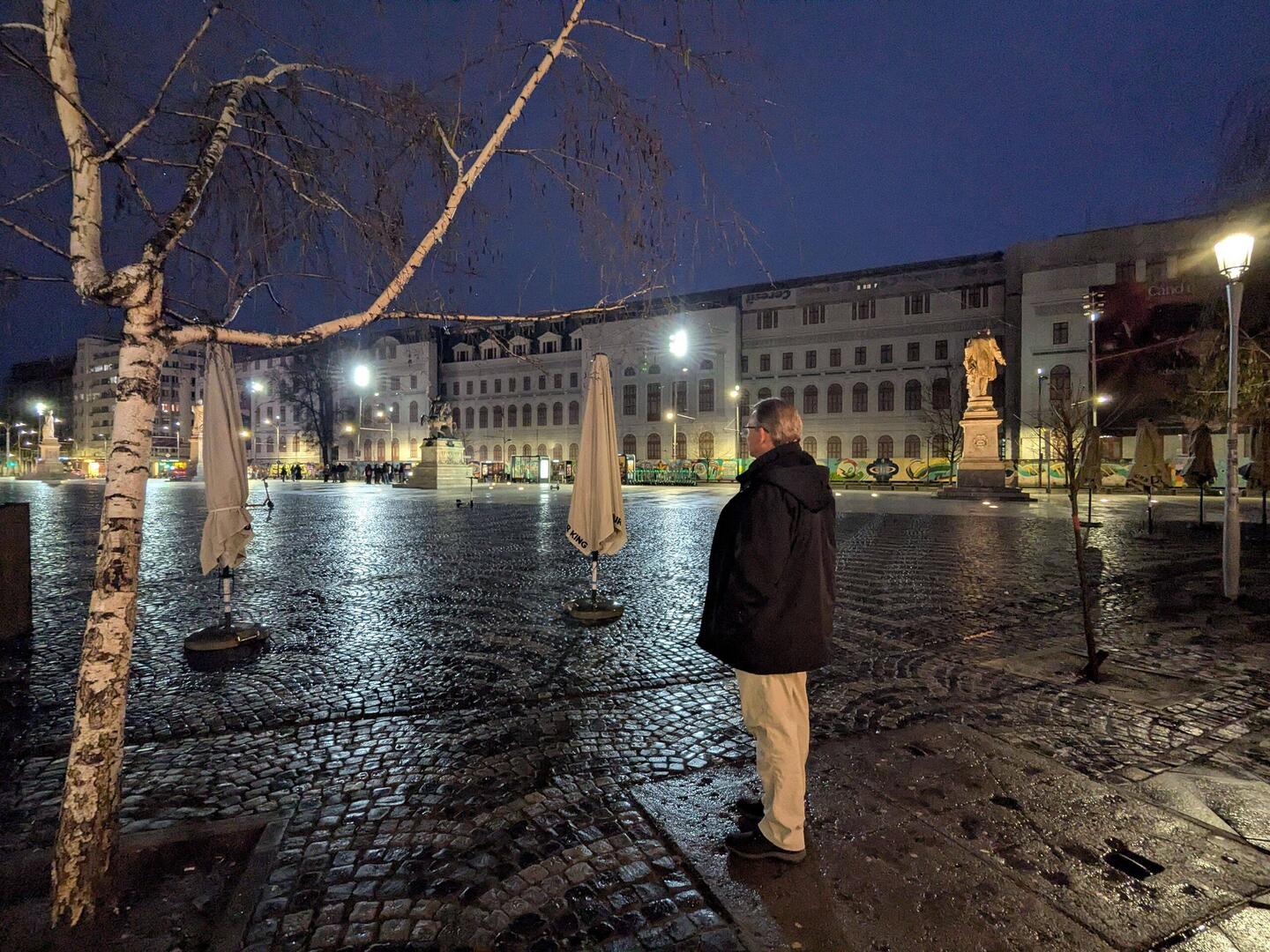Waiting at University Square for our bus after an uneventful Bolt ride.