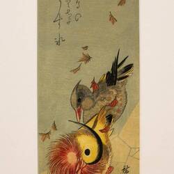 Pair of mandarin ducks on a frozen pond beneath falling leaves (U. Hiroshige; 1840-1843, Edo Period)
