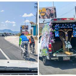 Radlosterprozession. Viele Radler, viele Begleitfahrzeuge, alles auf der Autobahn