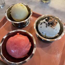Yuzu pineapple sorbet, blood orange sherbet, cream gelato