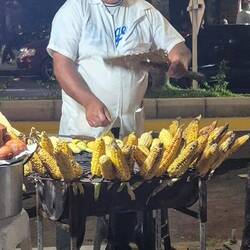 Wir probieren noch gebratene Maiskolben