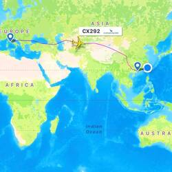 Routing of CX292 as captured on FlightRadar24.