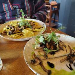 Mushrooms on sourdough and delicious mushroom ravioli at The Royal Oak