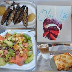 Essen heute. Pancakes, Toastzeug mit Schinken und Käse und Lachssalat und Sprotten