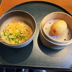Dan dan noodles and glutinous rice ball at the Cathay Pacific Lounge.