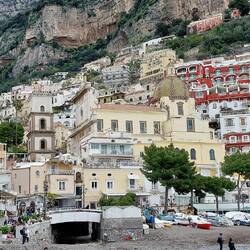 View of Positano and its small beach from the harbour area