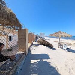 Kevin im Hotelhof am Muscheln trocknen