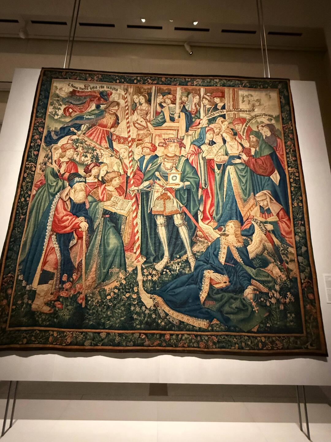 Tapestry with gold threads- figures are time, past, present, etc.