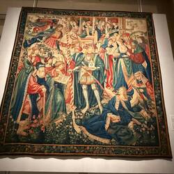 Tapestry with gold threads- figures are time, past, present, etc.