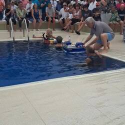 The ladies cheated by touching their boat underwater. The other boat won this race in the end.