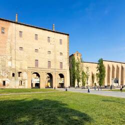 Palazzo della Pilotta and the Verdi Monument from Piazzale della Pace— Parma, Italy.