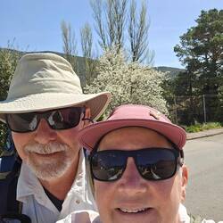 Beginning our walk. Plum tree in bloom behind us.