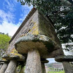 Horreos. Vermutlich sollen die runden Platten verhindern, dass Mäuse hochkommen.