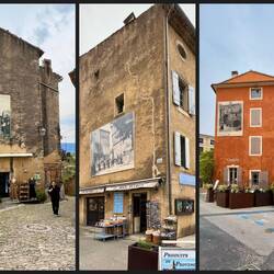 An einigen Wänden historische Bilder der Gebäude