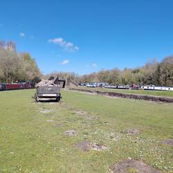 A replica tram wagon carrying limestone