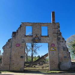 Windows are all that's left of the building that was once a garage in Oradour-sur-Glane