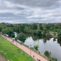 Nur für Fußgänger. Hintergrund: Lusitania-Brücke von Architekt Calatrava
