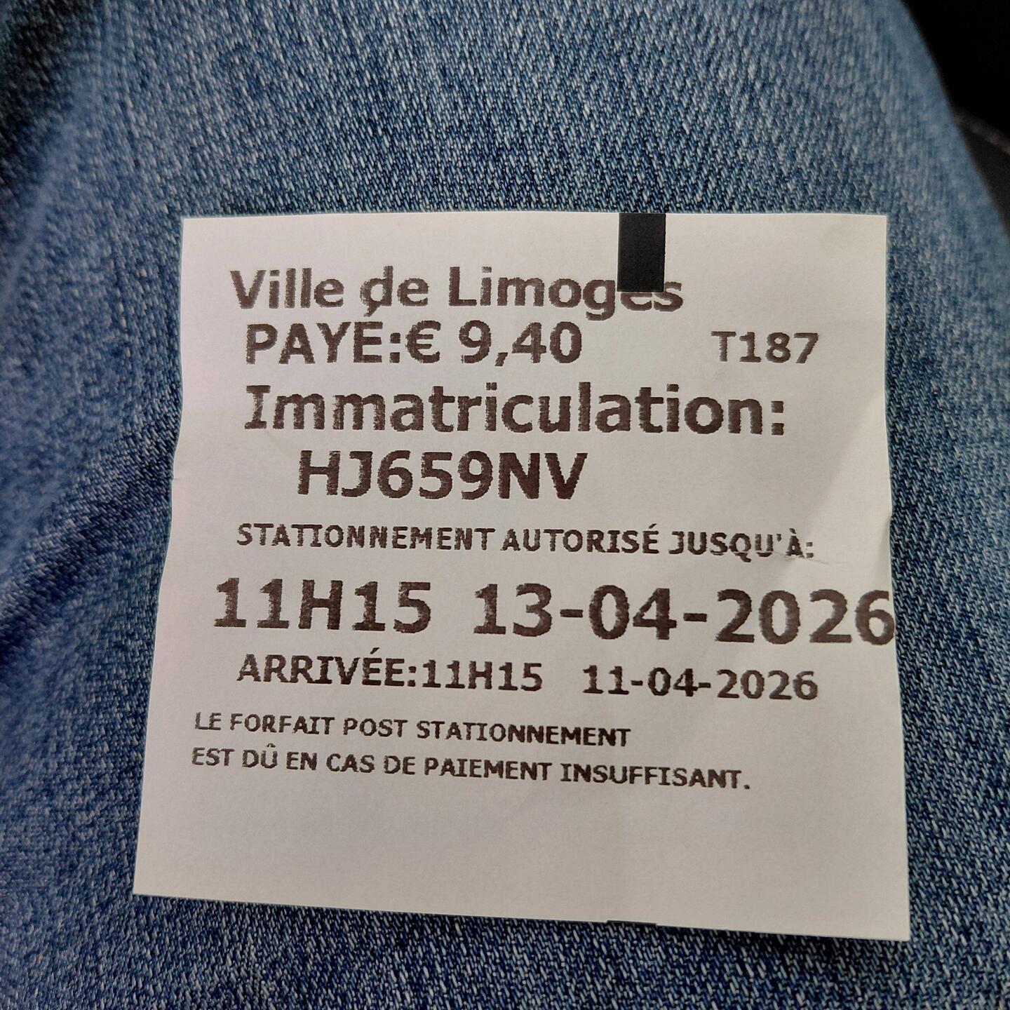 Our parking ticket for TWO days in Limoges!