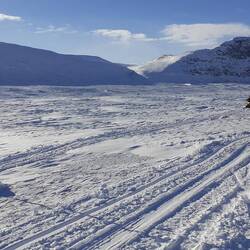 Heute herrscht Schneemobilverkehr. Alles was Kufen hat wird ins Winterdorf transportiert.