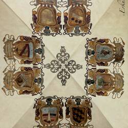 Coats of arms on the ceiling of the loggia; note the empty one for a student that got into 'trouble'